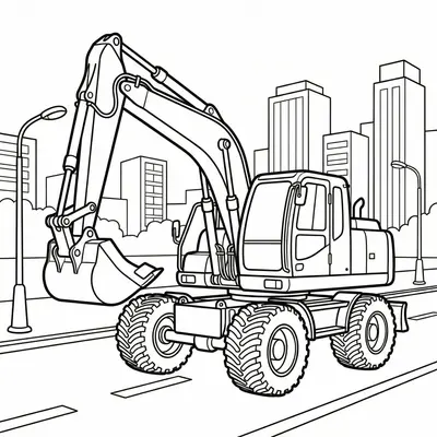 Wheeled Excavator In The City Coloring Page: Printable Vehicle