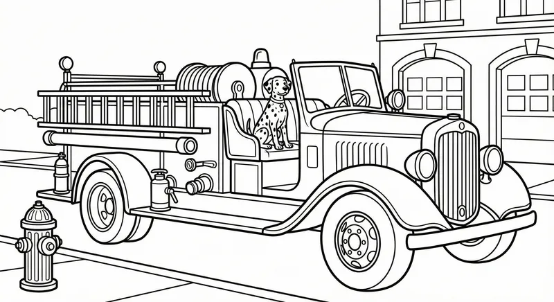 Classic Fire Truck & Dalmatian Coloring Page for Kids