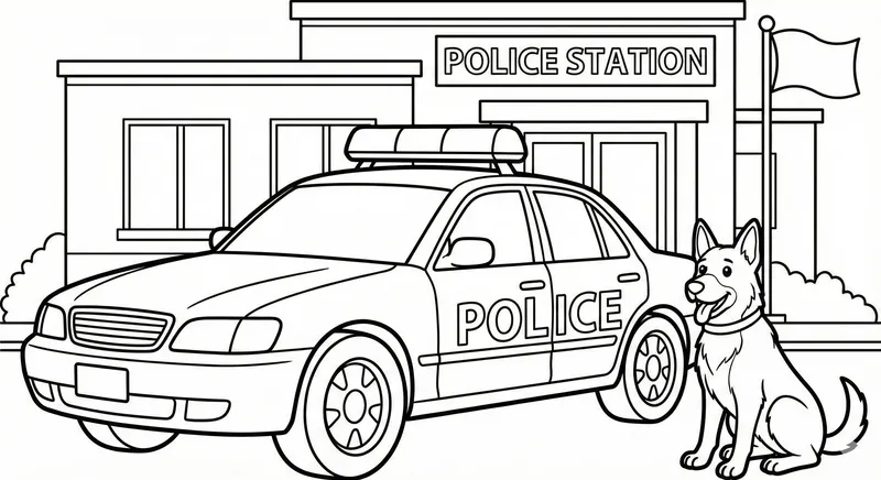 Police Car And Dog At Station Coloring Page