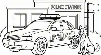 Police Car And Dog At Station Coloring Page