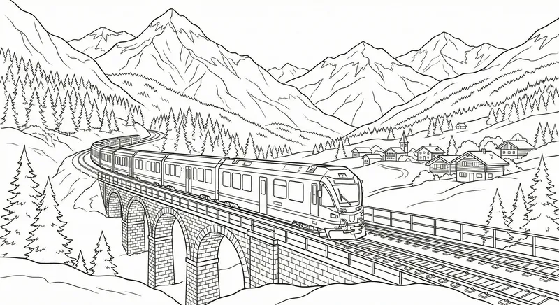 Scenic Alpine Train on Viaduct Coloring Page
