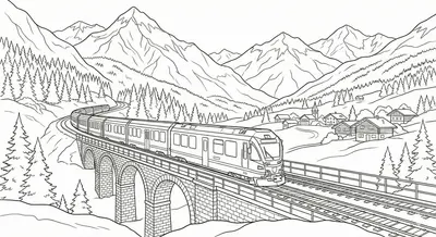 Scenic Alpine Train on Viaduct Coloring Page