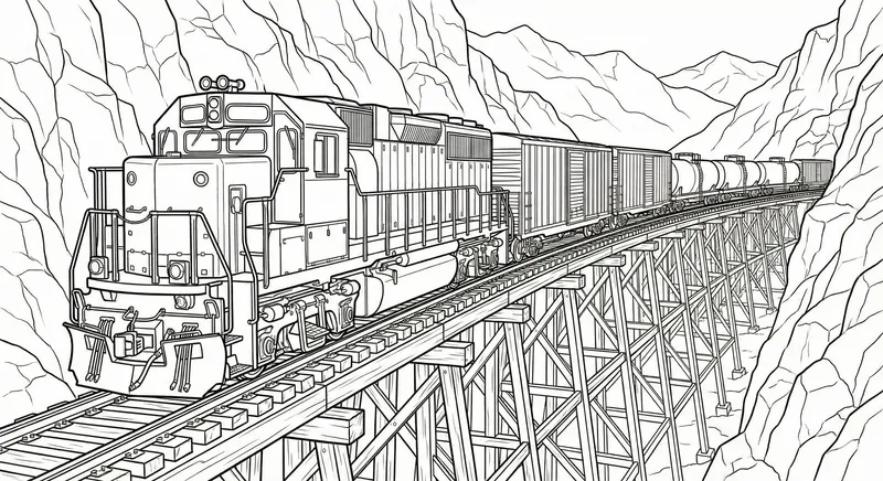 Diesel Freight Train on High Bridge Coloring Page