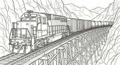 Diesel Freight Train on High Bridge Coloring Page