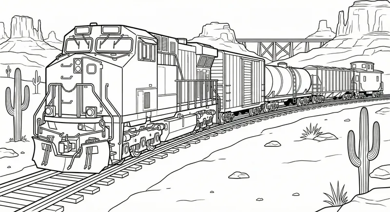 Freight Train Coloring Page in a Desert Landscape