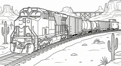 Freight Train Coloring Page in a Desert Landscape