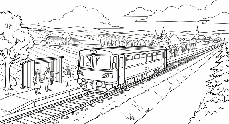 Small Motor Train in Czech Countryside Coloring Page