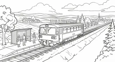 Small Motor Train in Czech Countryside Coloring Page