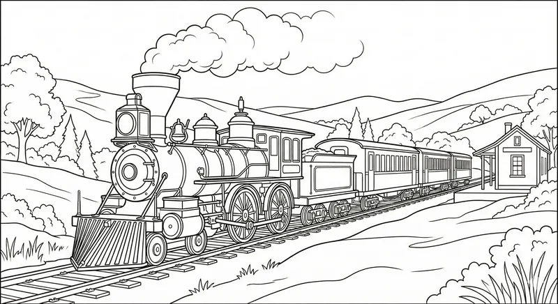 Vintage Steam Locomotive and Countryside Coloring Page