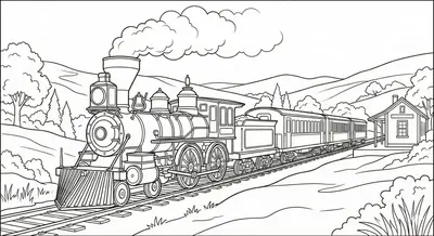 Vintage Steam Locomotive and Countryside Coloring Page
