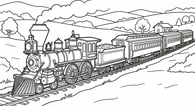 Vintage Steam Train Countryside Coloring Page