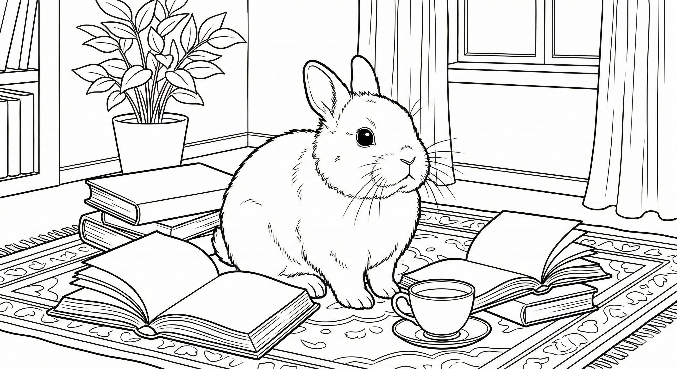 Cozy Bunny Reading Books Coloring Page