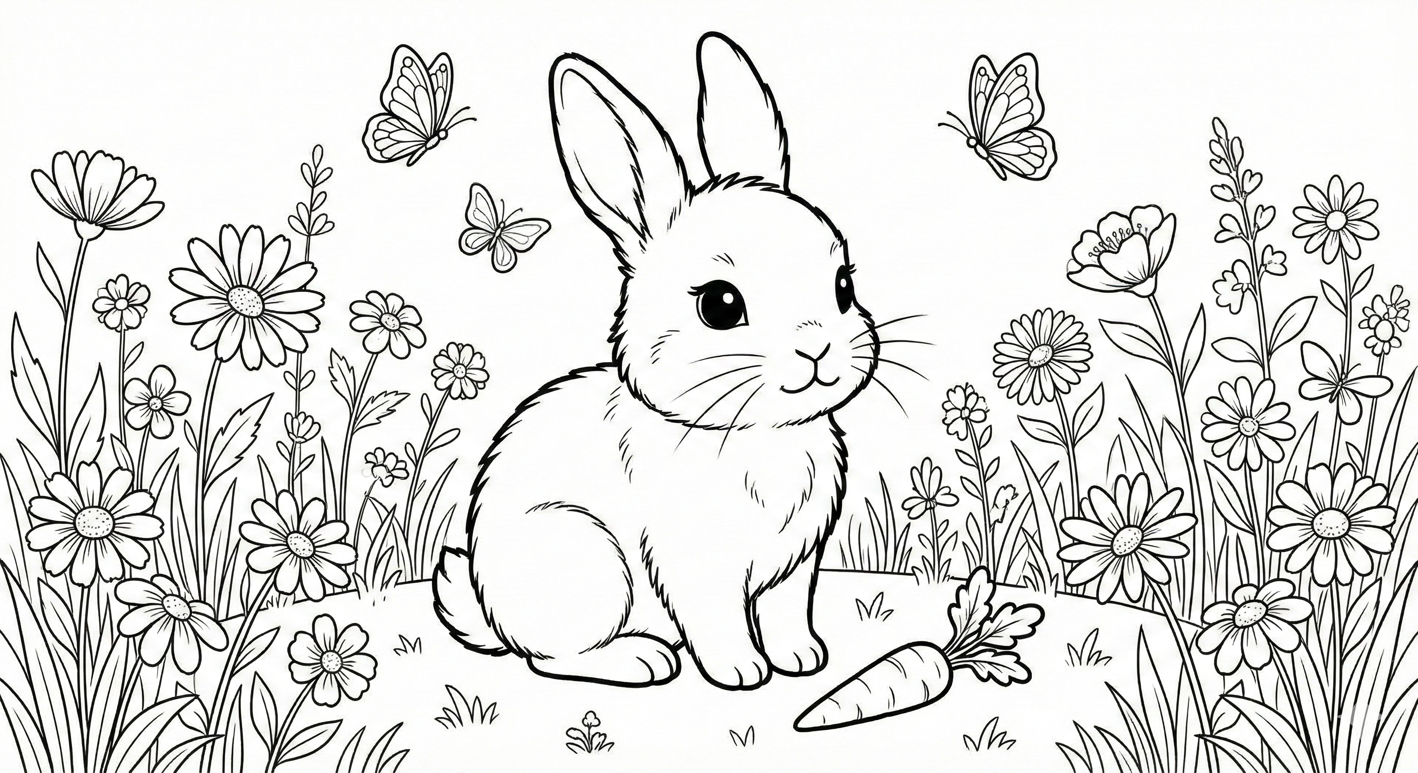 Adorable Bunny In A Meadow Printable Coloring Page