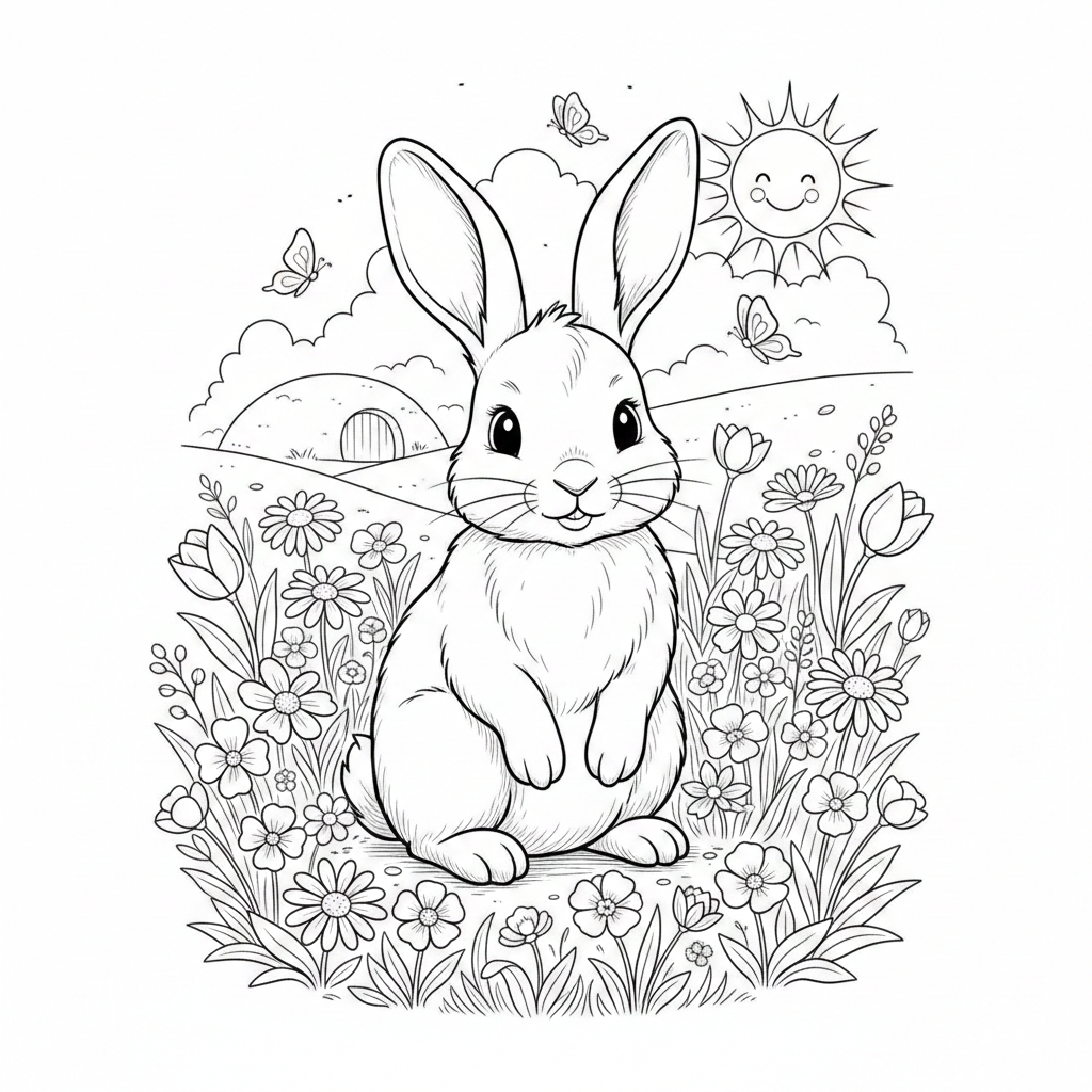 Cute Bunny Rabbit in Wildflower Meadow Coloring Page