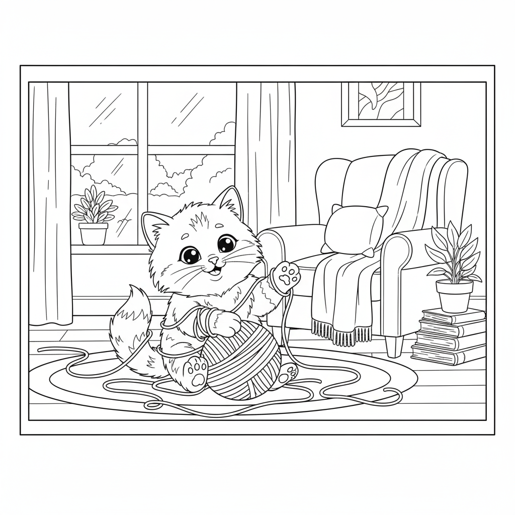 Charming Cat Playing with Yarn Coloring Page