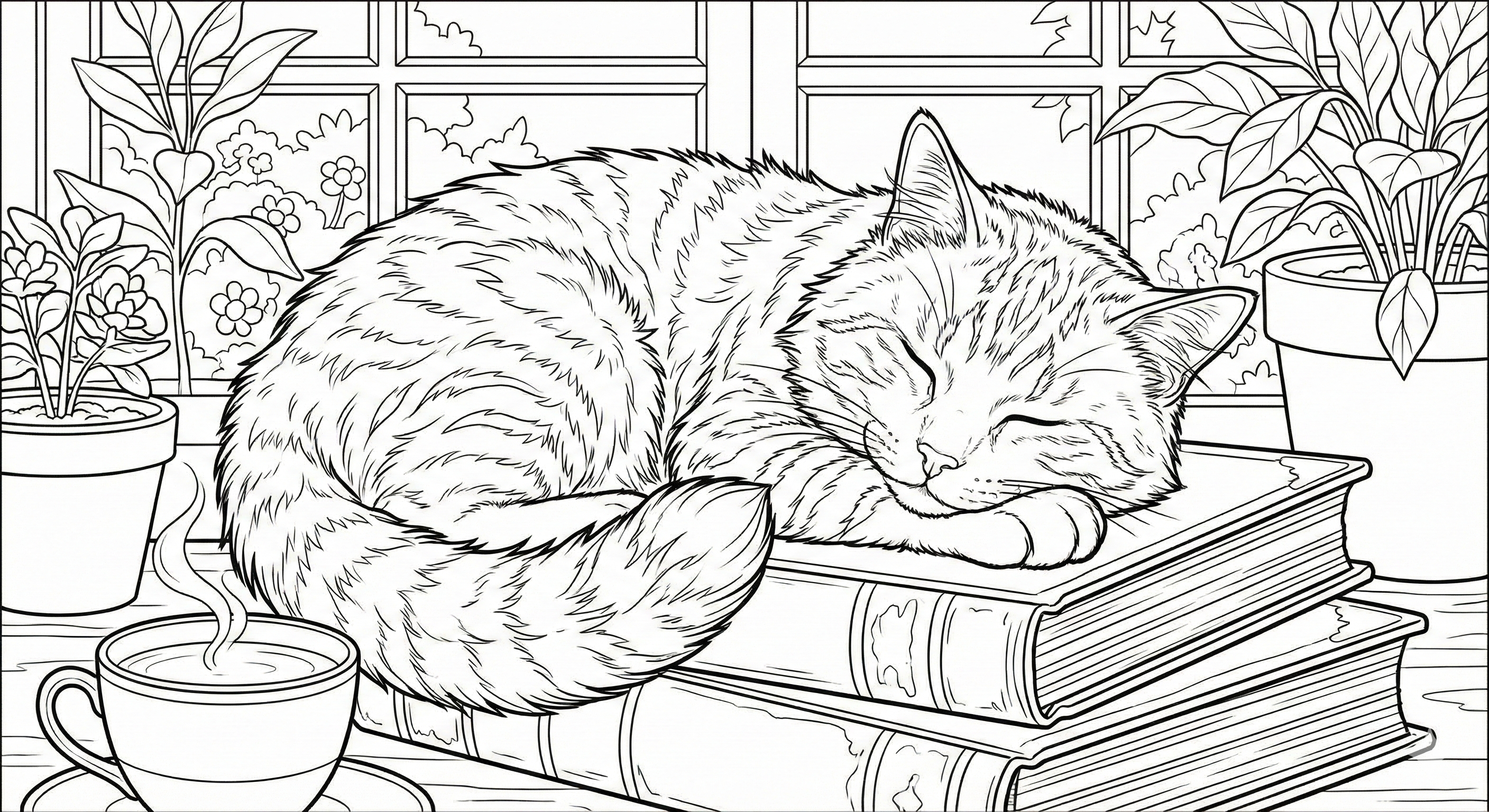 Cozy Sleeping Cat On Books Coloring Page