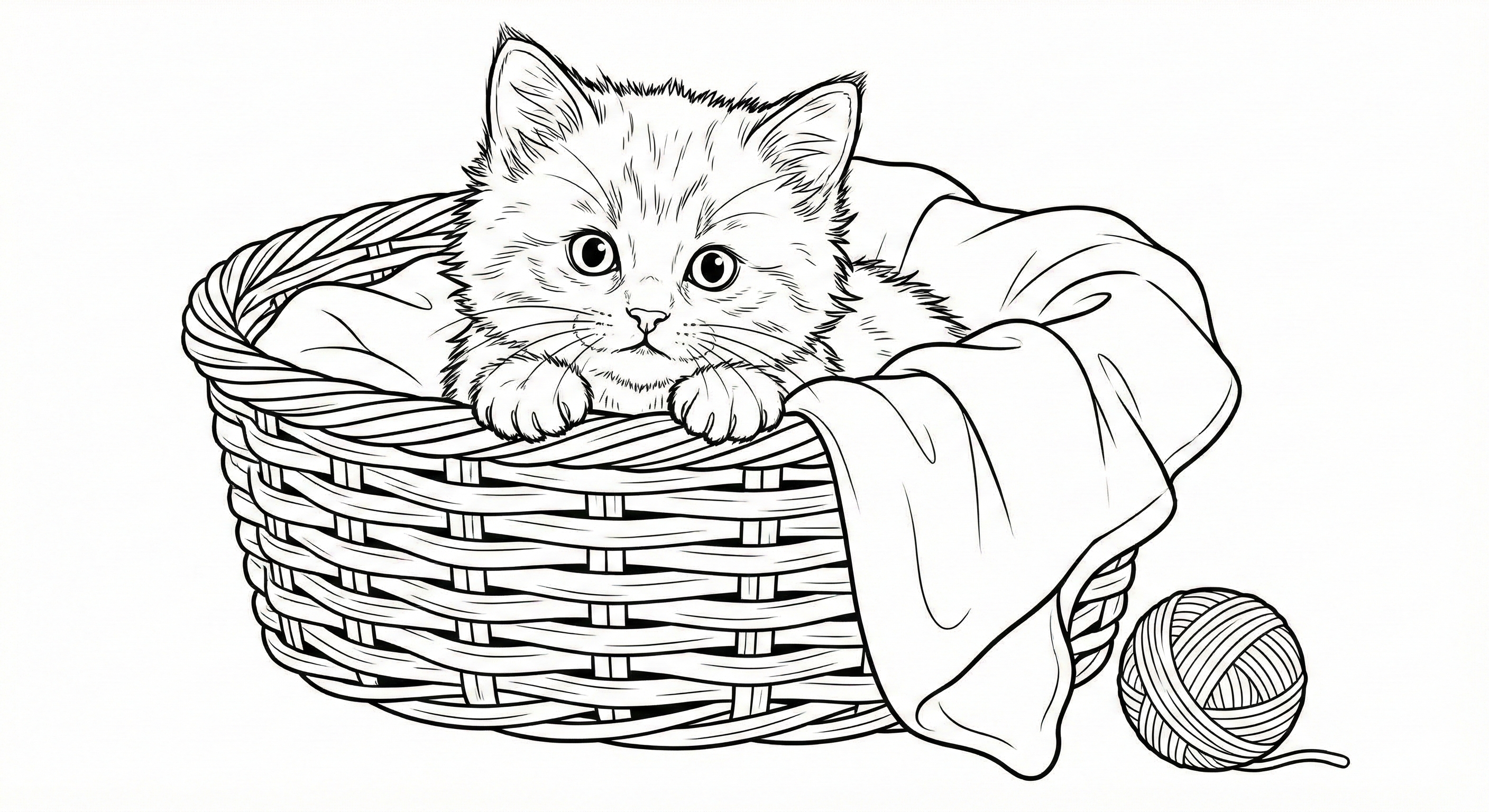 Kitten in a Basket Coloring Page for Kids