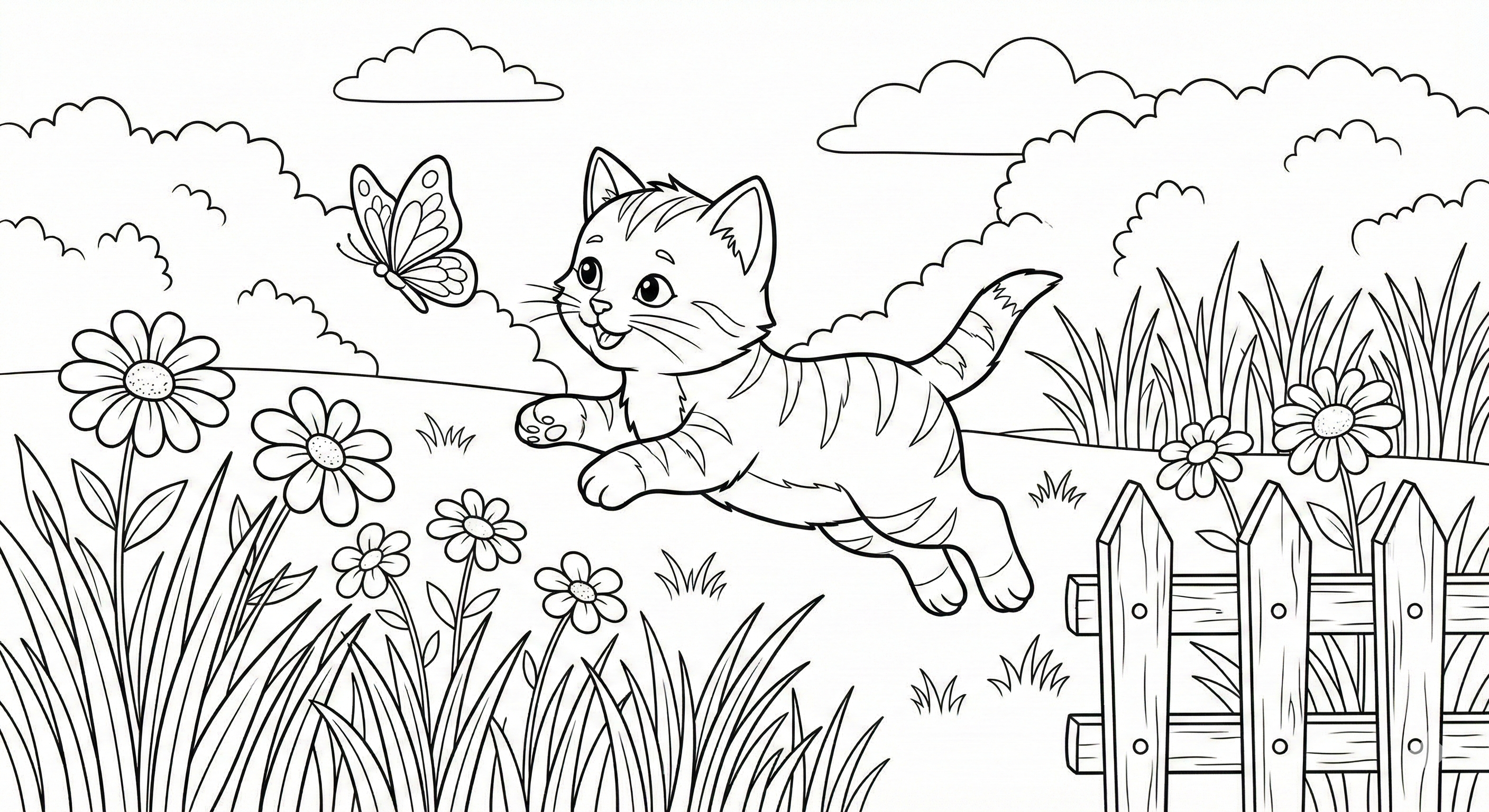 Playful Kitten Chasing a Butterfly in the Garden Coloring Page