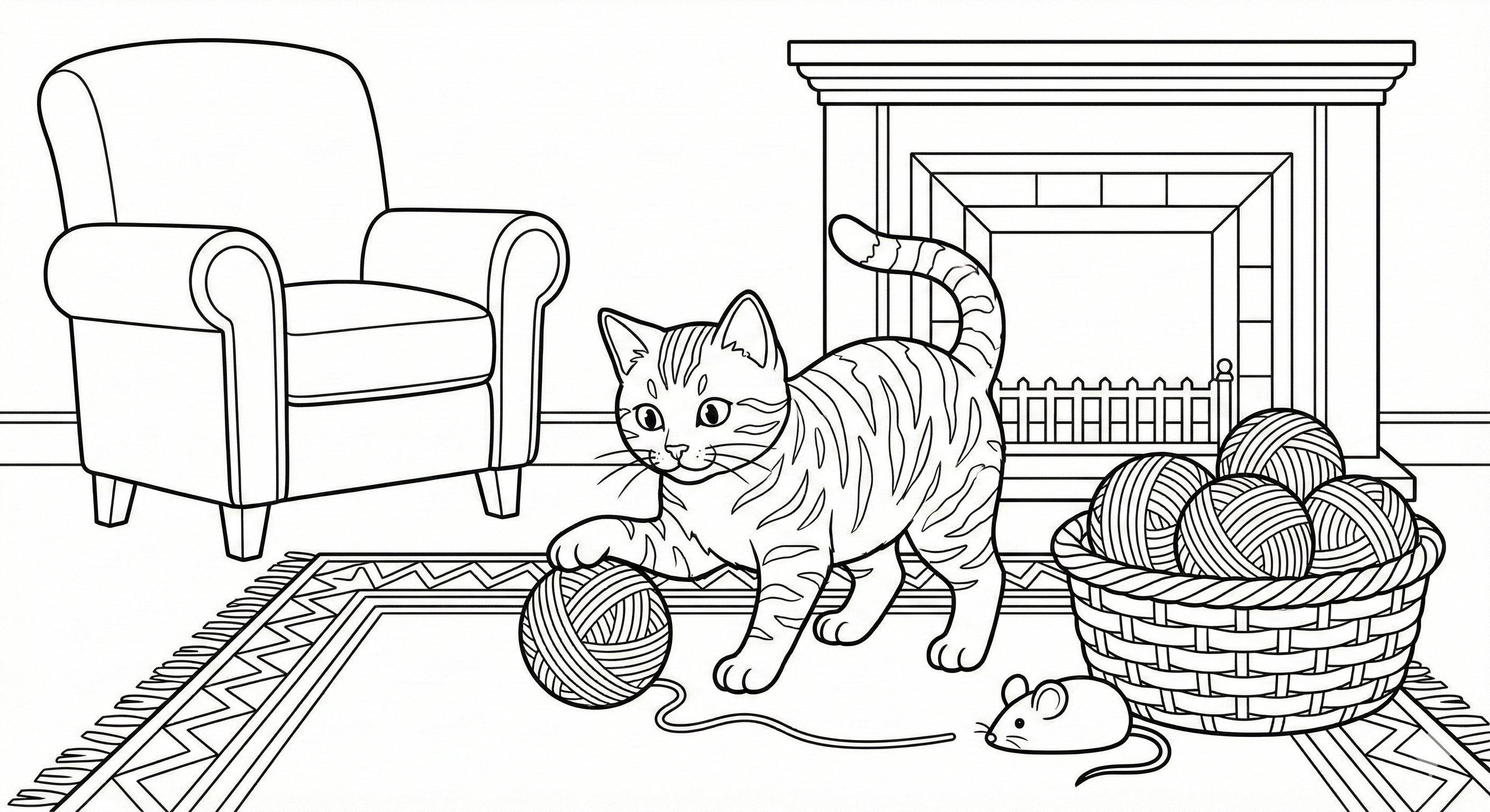 Playful Cat With Yarn Ball Coloring Page
