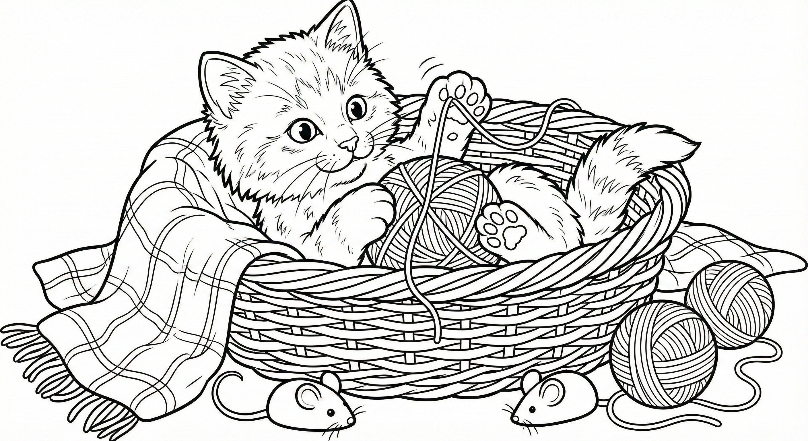 Adorable Kitten Playing in Basket Coloring Page