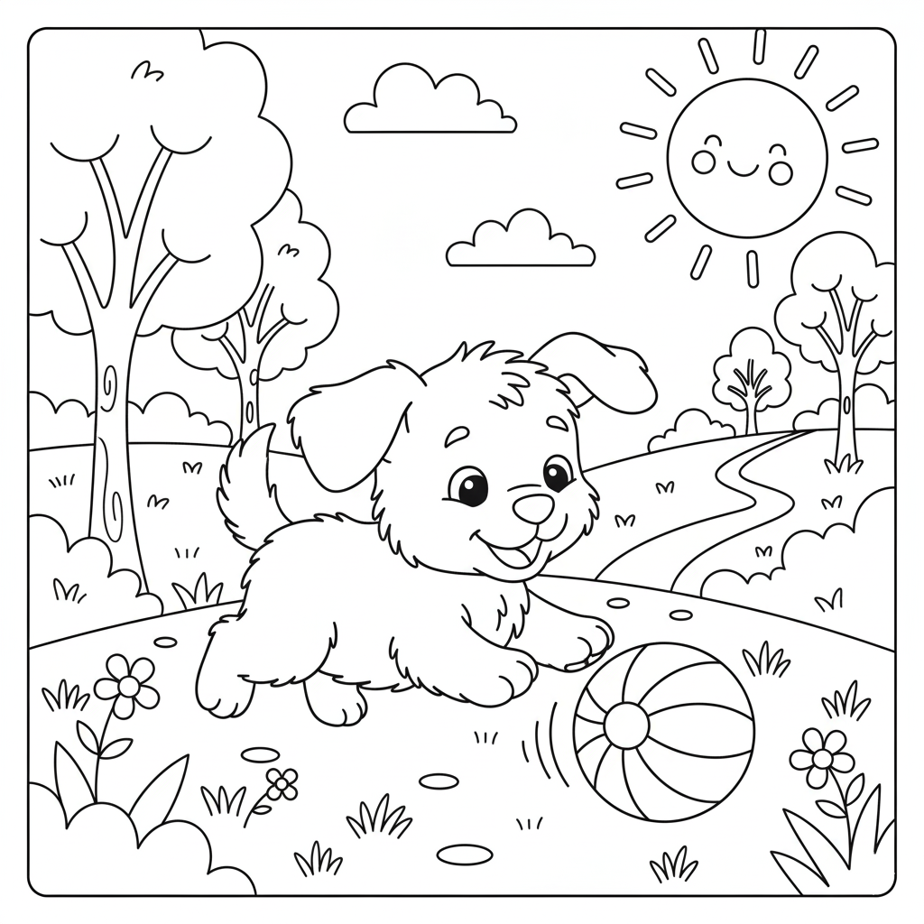 Playful Puppy Adventure Coloring Page
