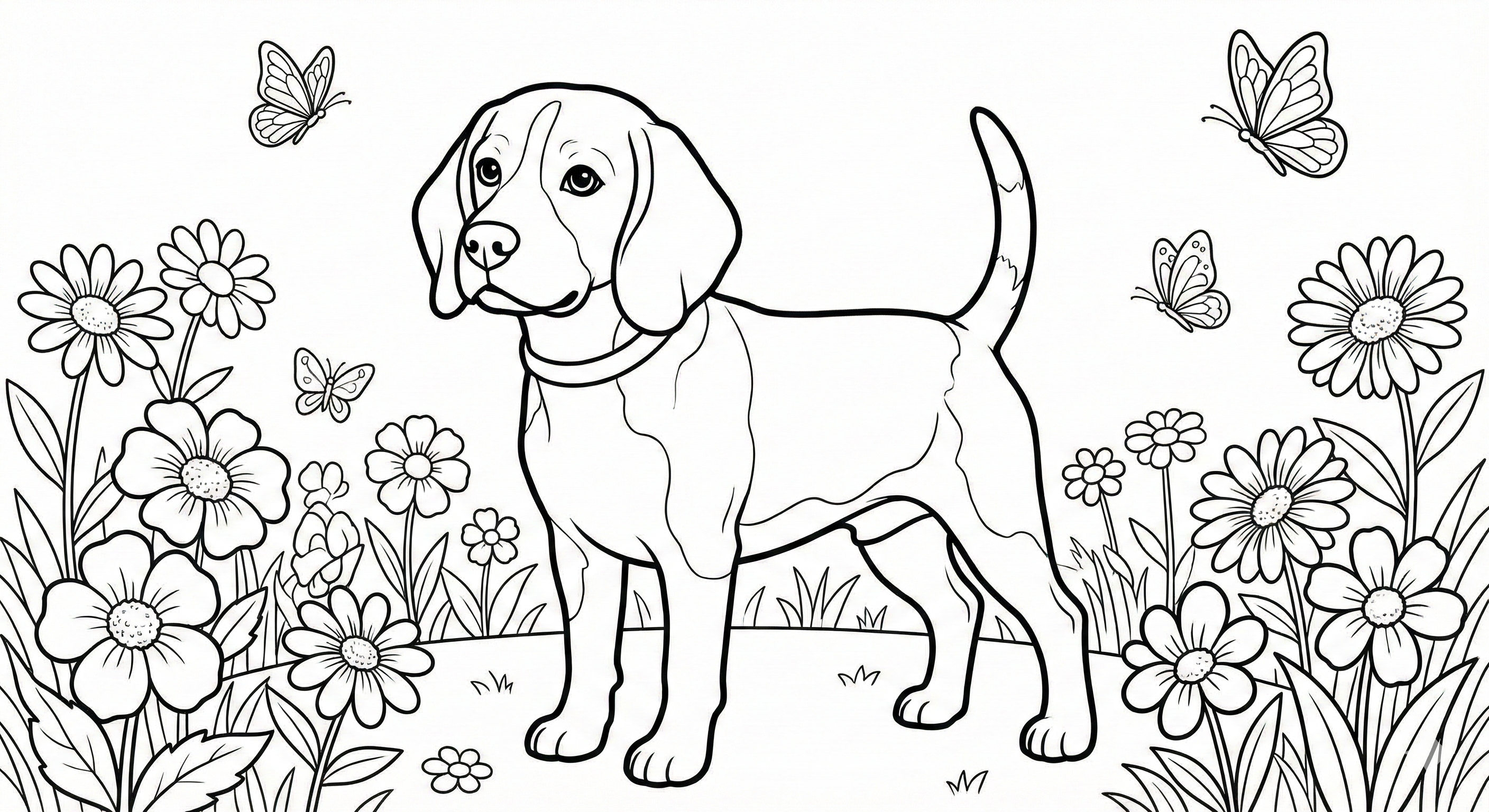 Cute Beagle In Garden Coloring Page For Kids