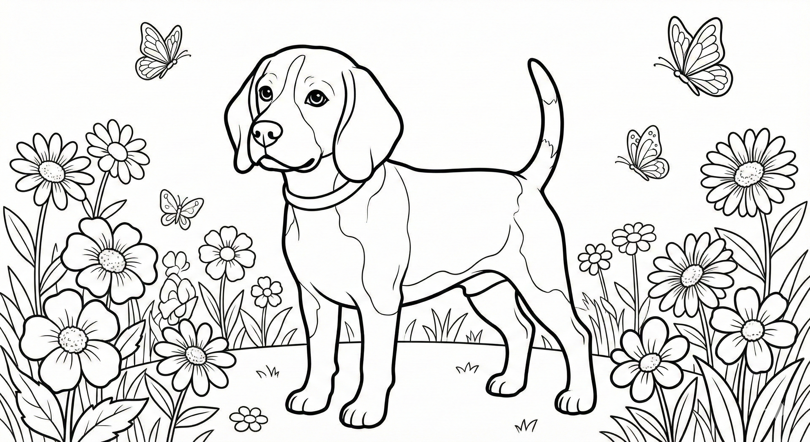 Happy Puppy Dog and Butterfly Coloring Page Print