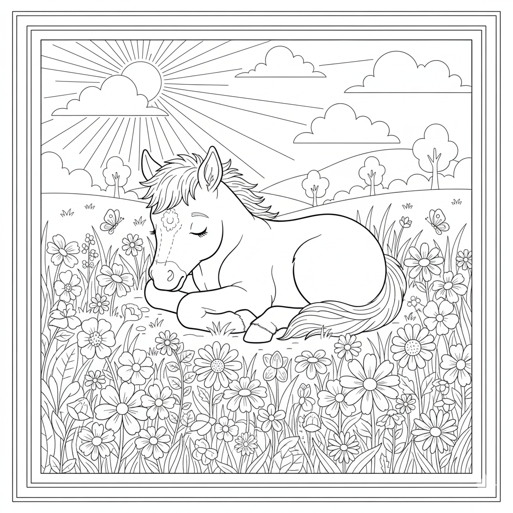 Cute Foal Sleeping in a Meadow Coloring Page