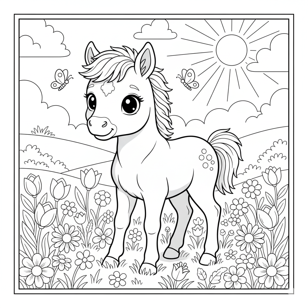 Cute Foal Playing in Flowers Coloring Page