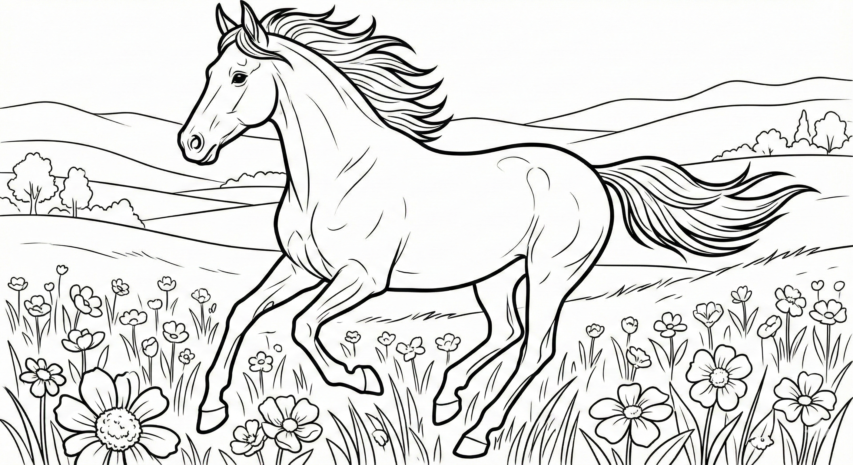 Galloping Horse In Flower Field Coloring Page