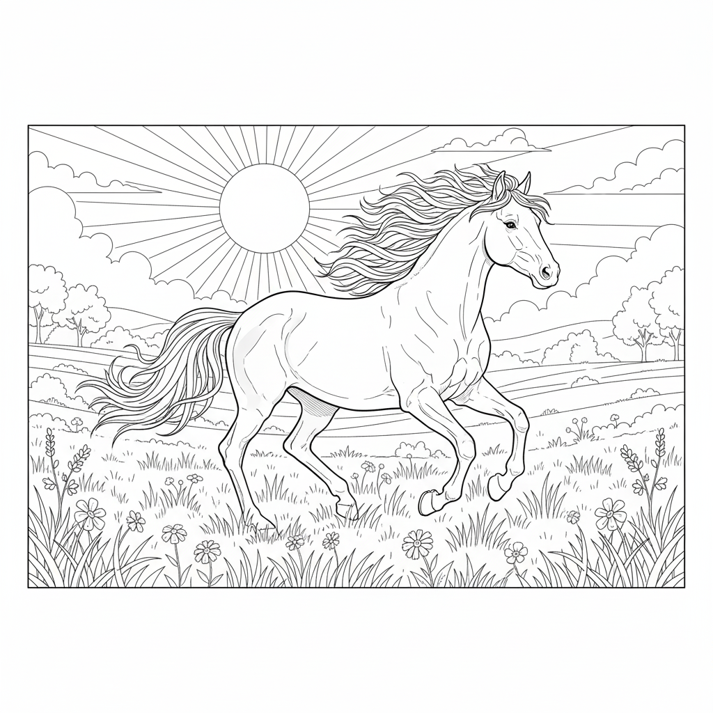 Galloping Horse in a Field Coloring Page