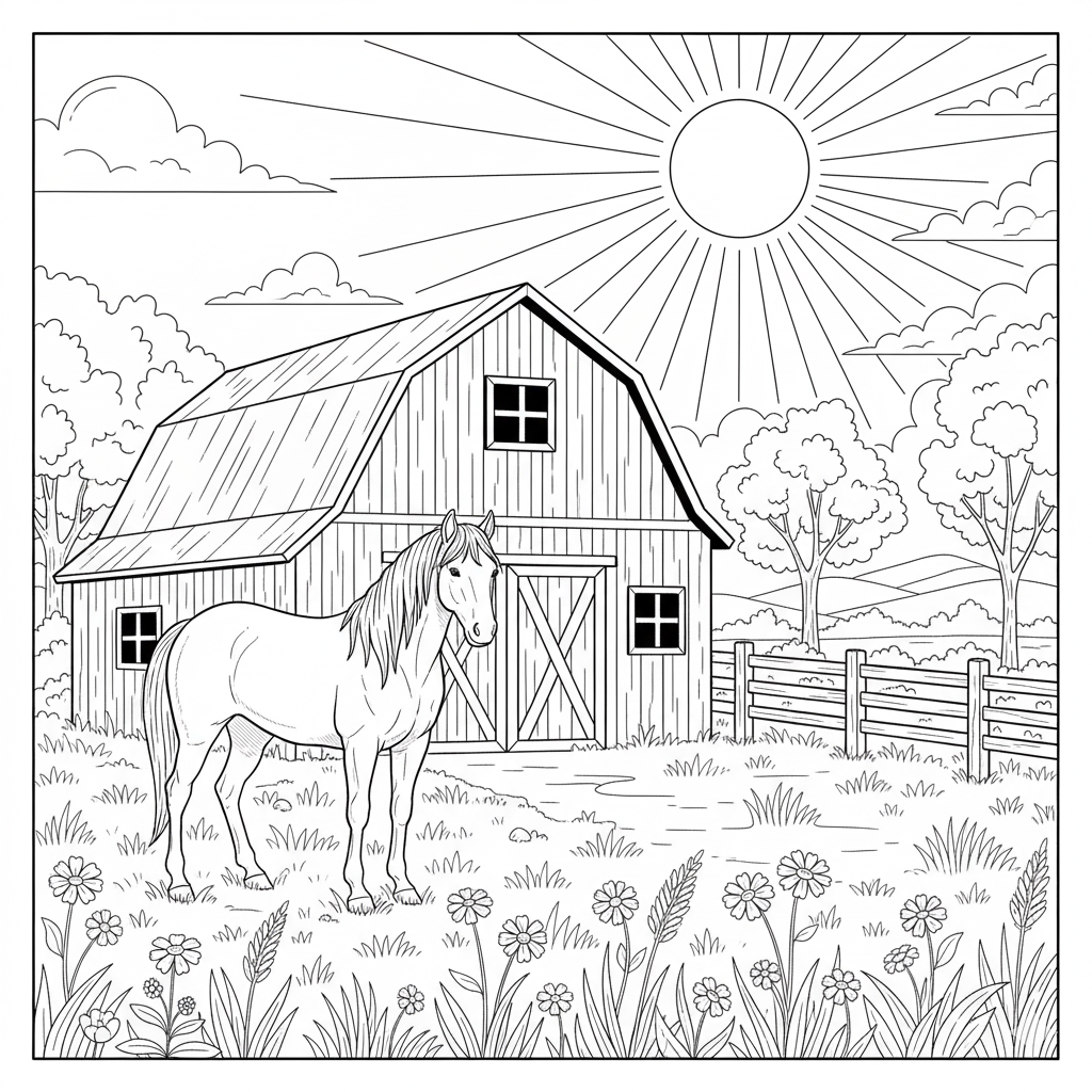 Farm Horse by Barn Coloring Page for Countryside Lovers