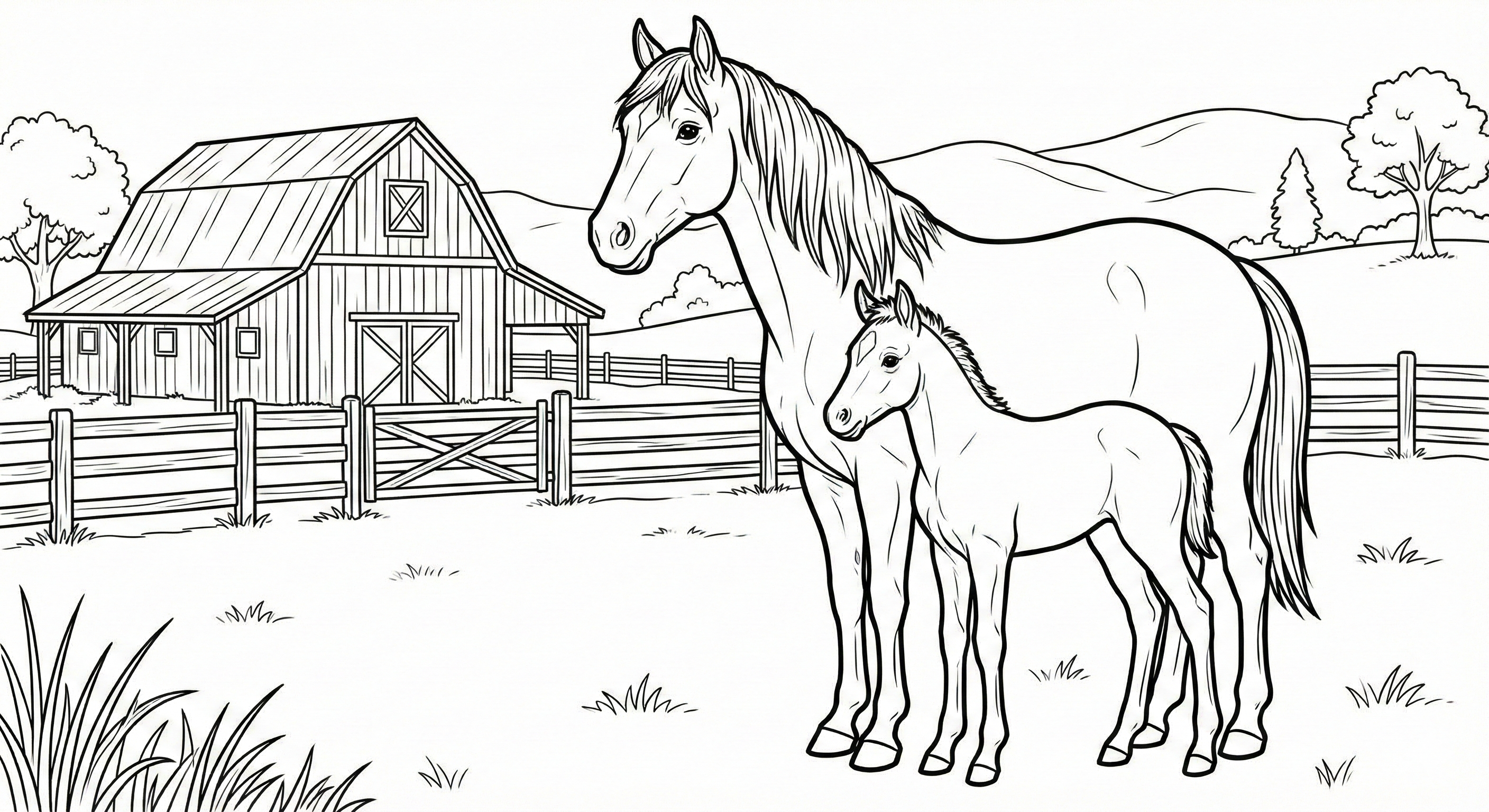 Mare And Foal On Farm Coloring Page