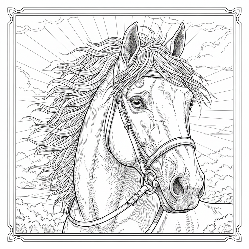 Detailed Horse Head Portrait Coloring Page