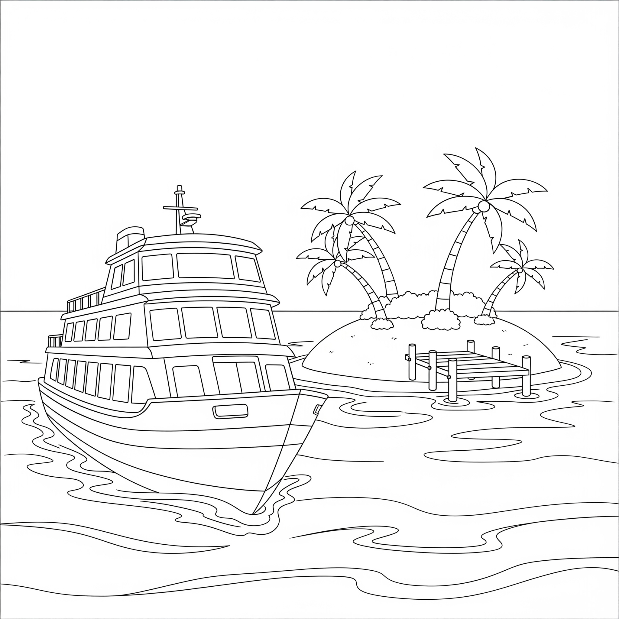 Ferry Approaching Tropical Island Coloring Page