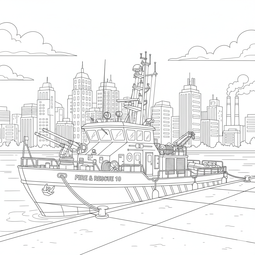 Detailed Firefighter Boat at Dock Coloring Page