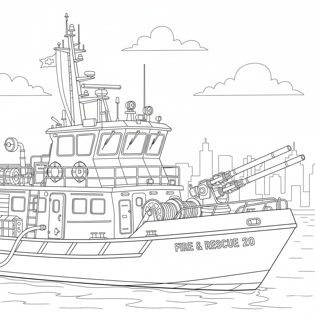 Close-Up Firefighter Boat Detail Coloring Page