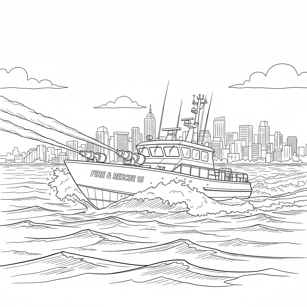 Dynamic Firefighter Boat Full Speed Ahead Coloring Page