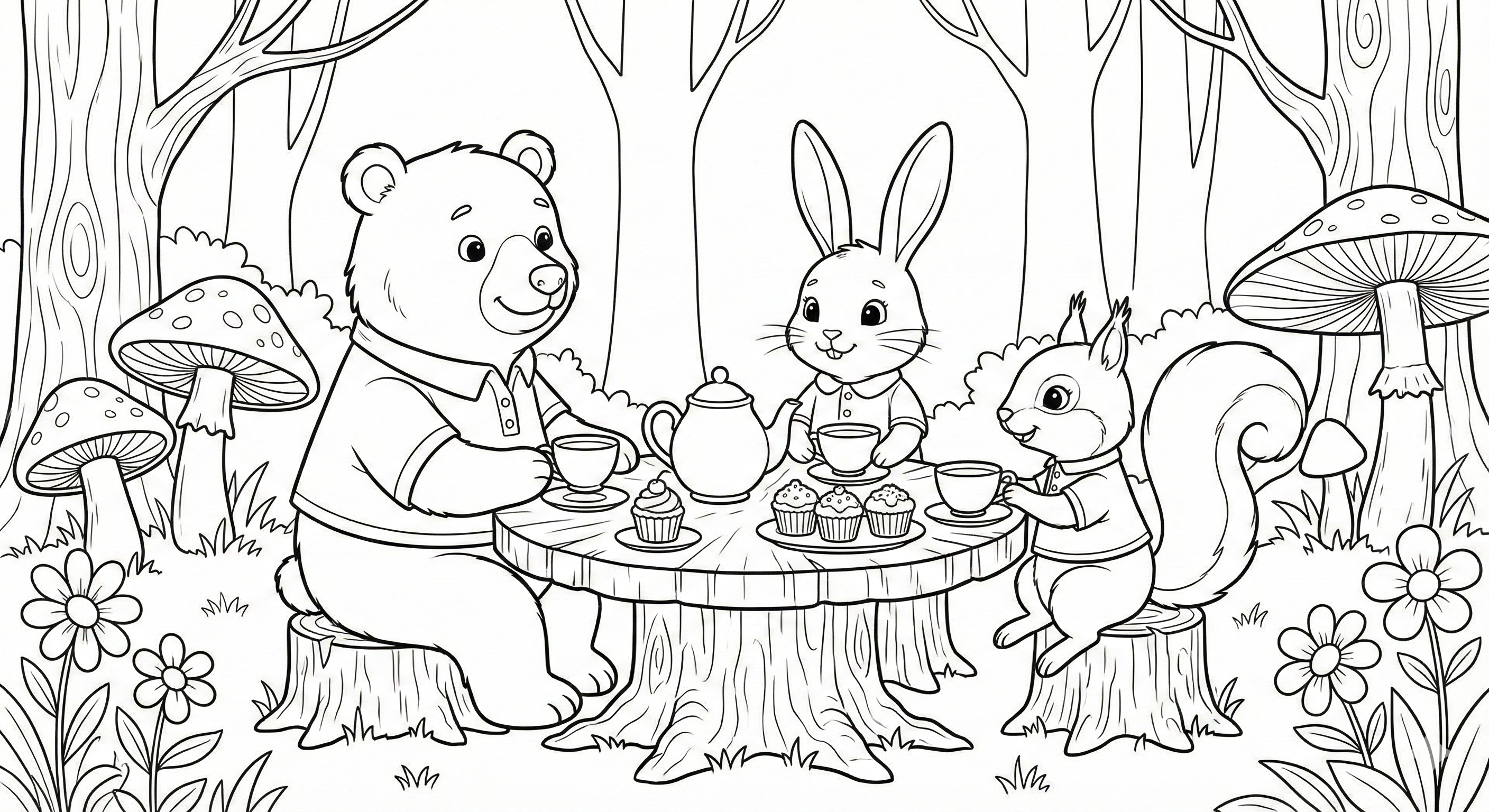 Woodland Animals Tea Party Coloring Page Printable