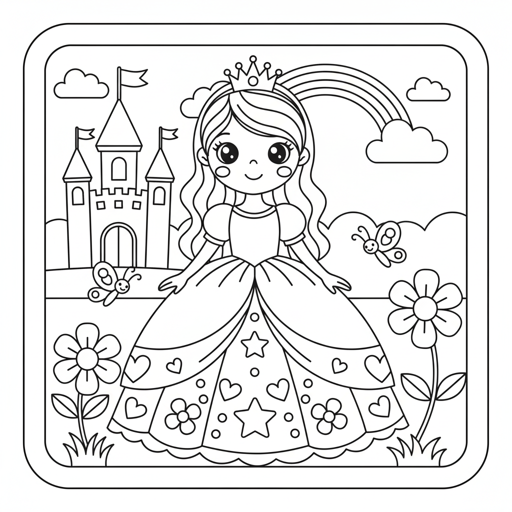 Cute Princess with Rainbow and Castle Coloring Page for Elementary Kids