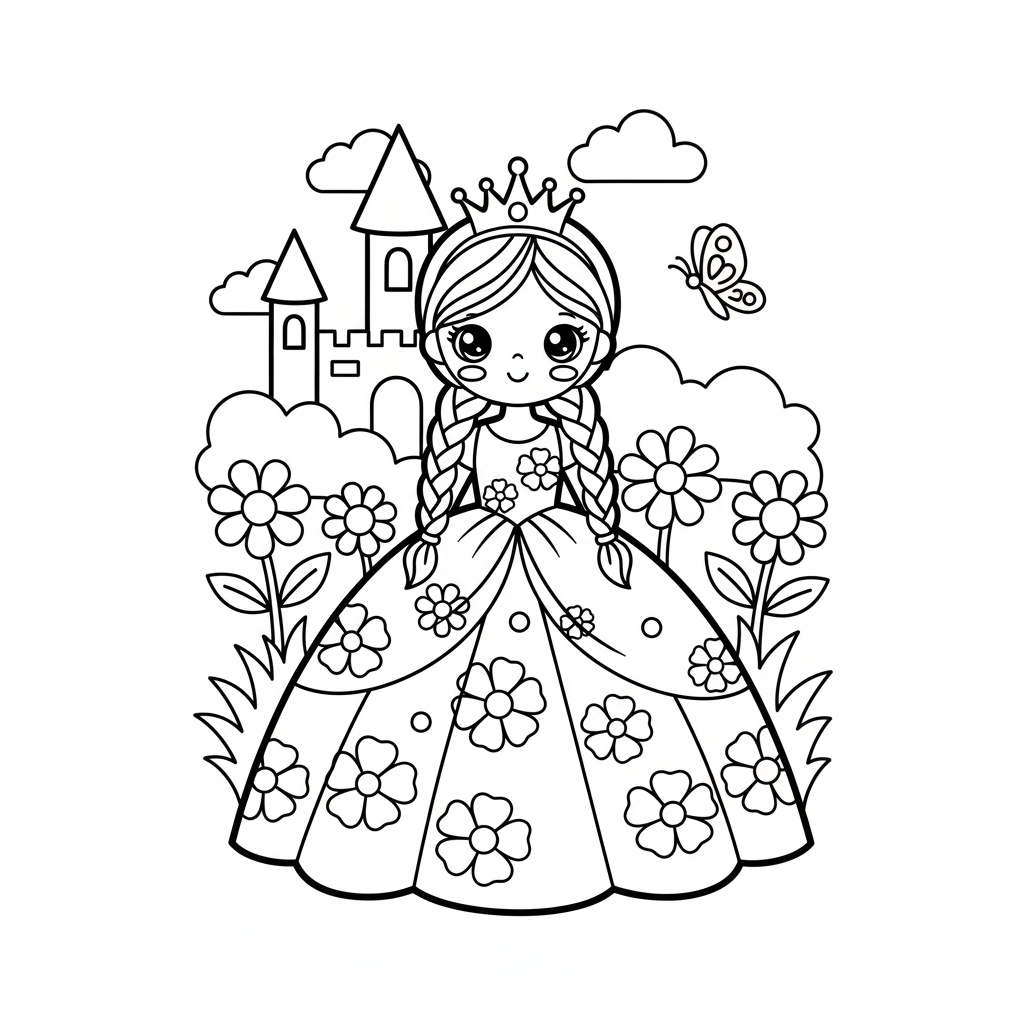 Simple Princess and Castle Coloring Page (Borderless)