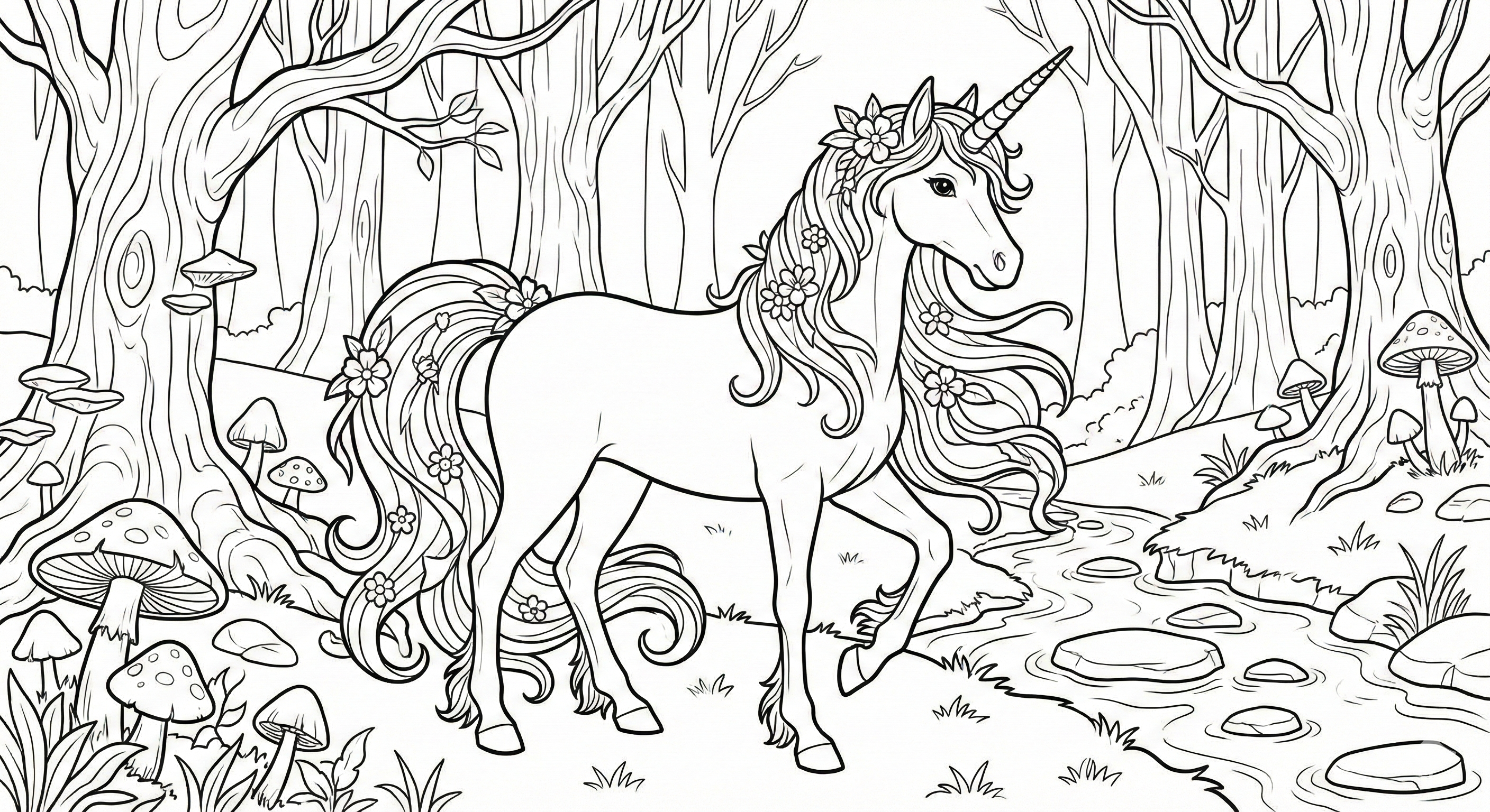 Magical Unicorn In Enchanted Forest Coloring Page