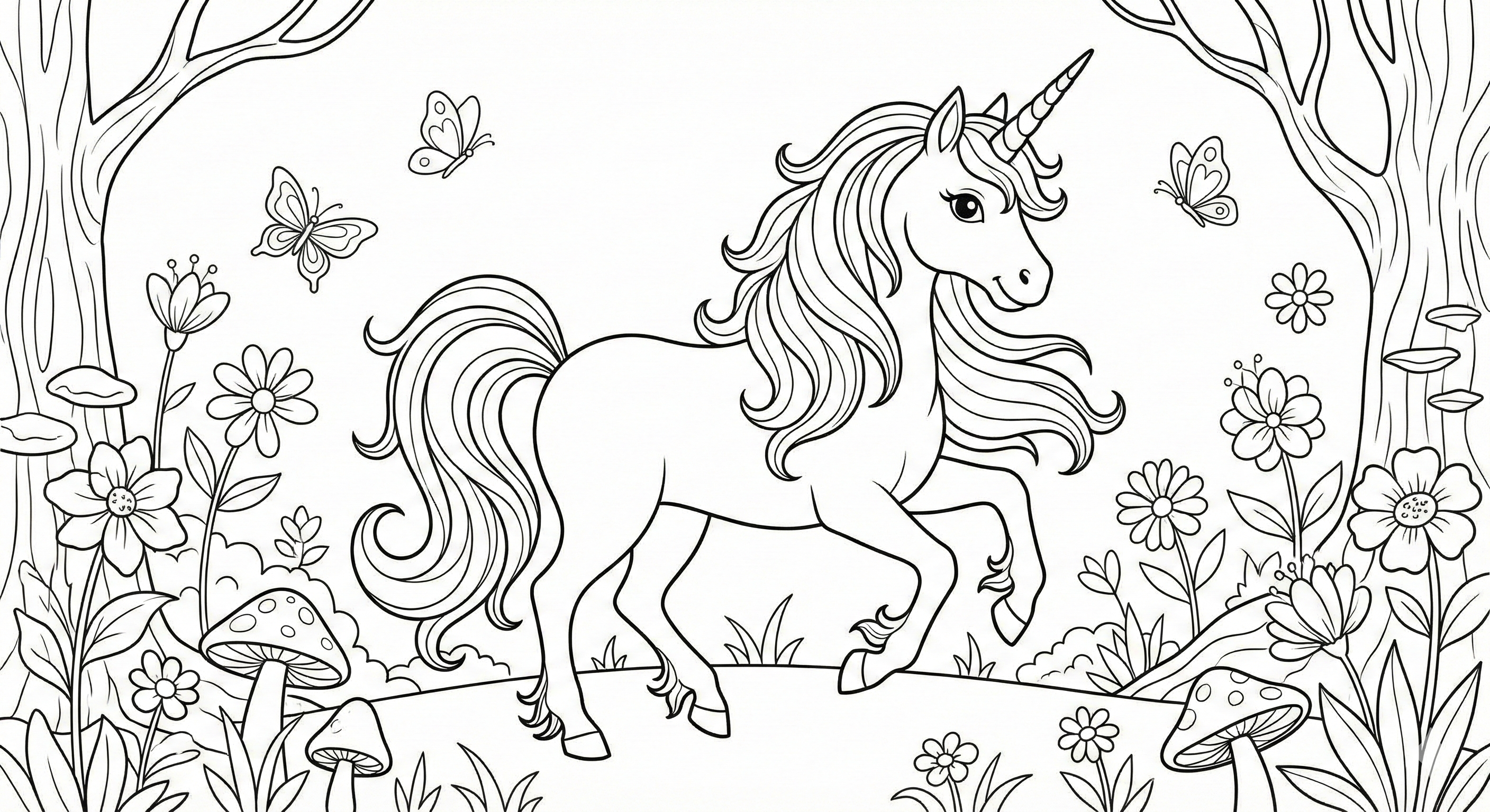 Prancing Unicorn in Magical Forest Coloring Page