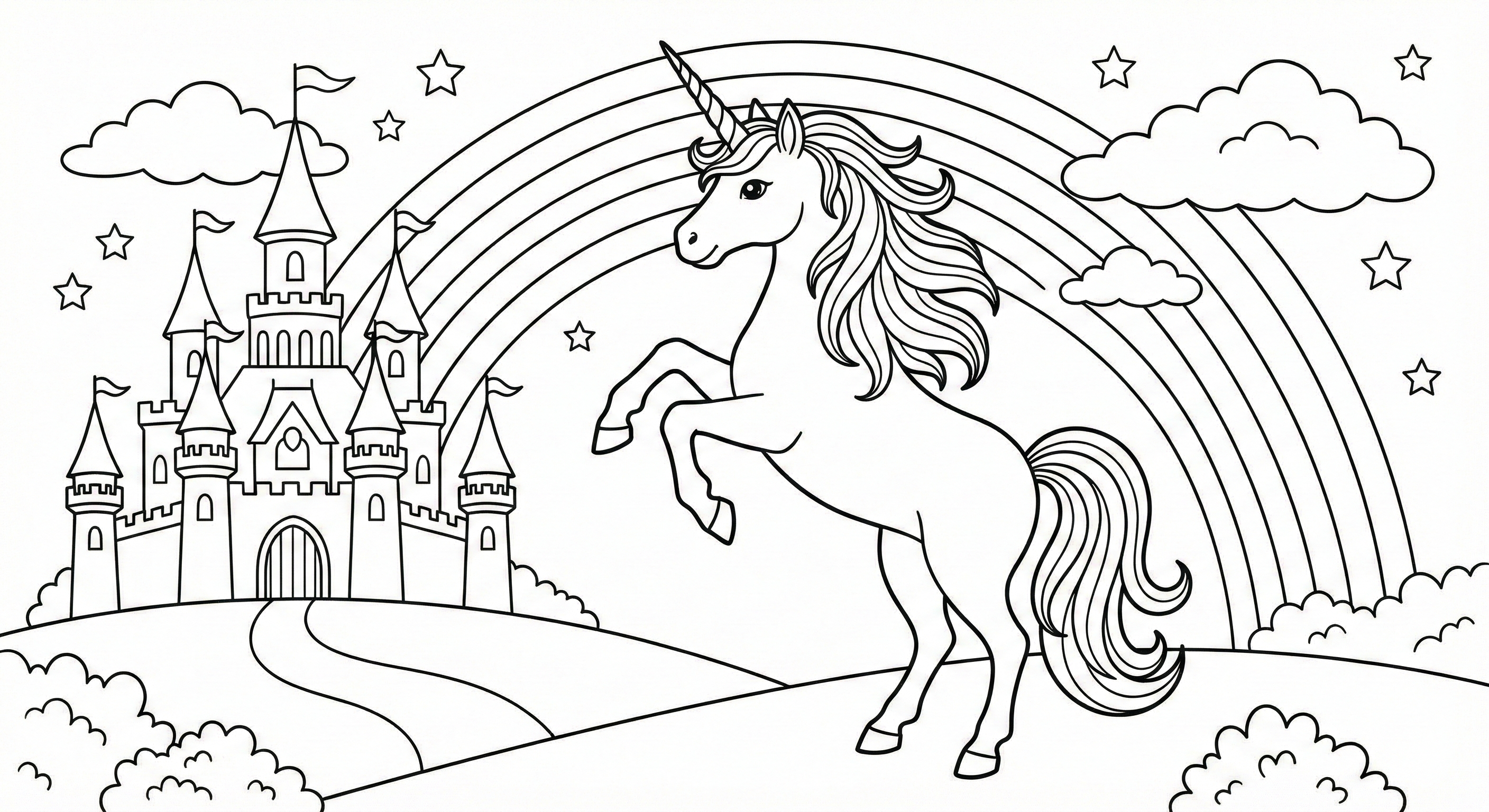 Rearing Unicorn and Castle Coloring Page with Rainbow