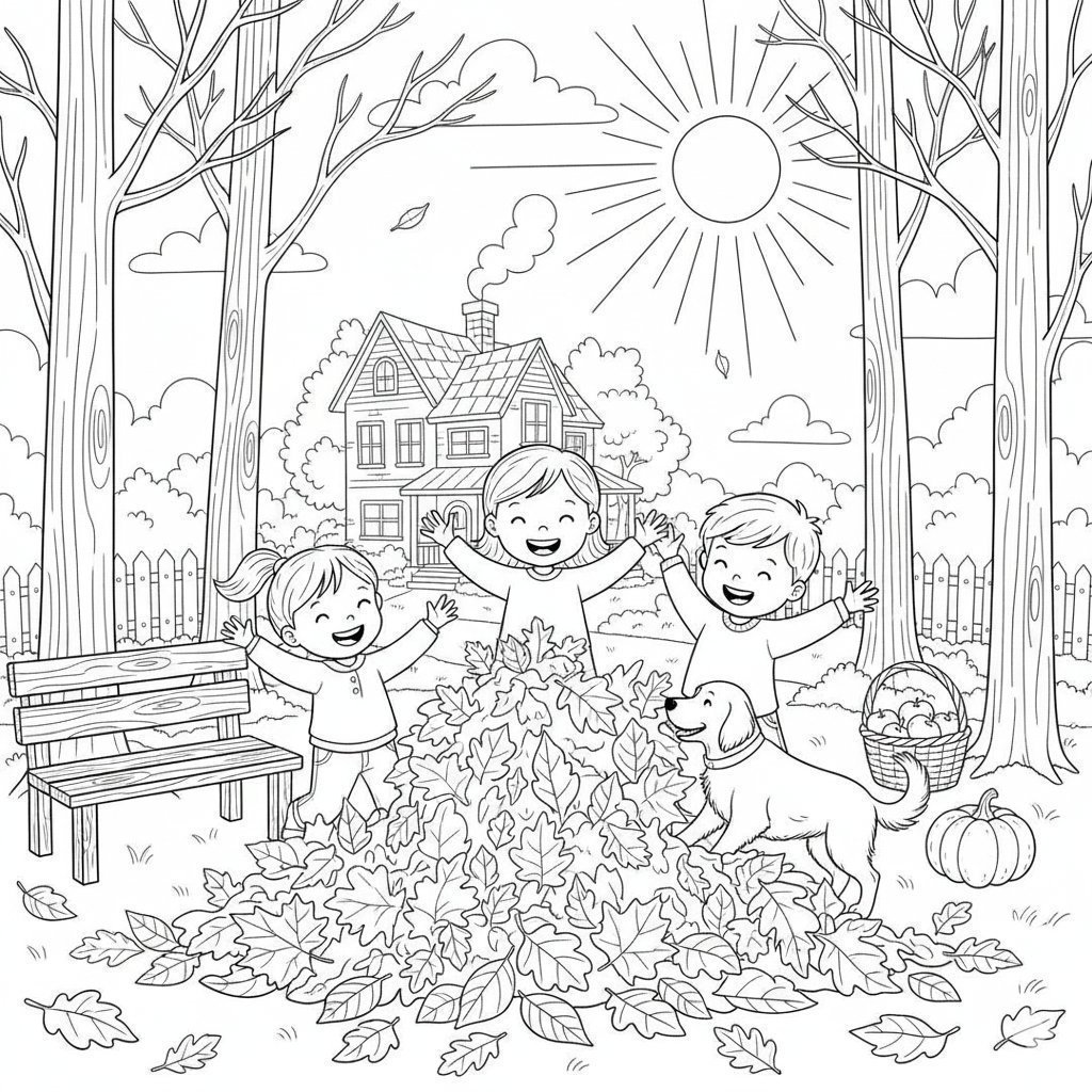 Joyful Autumn Children Playing Coloring Page