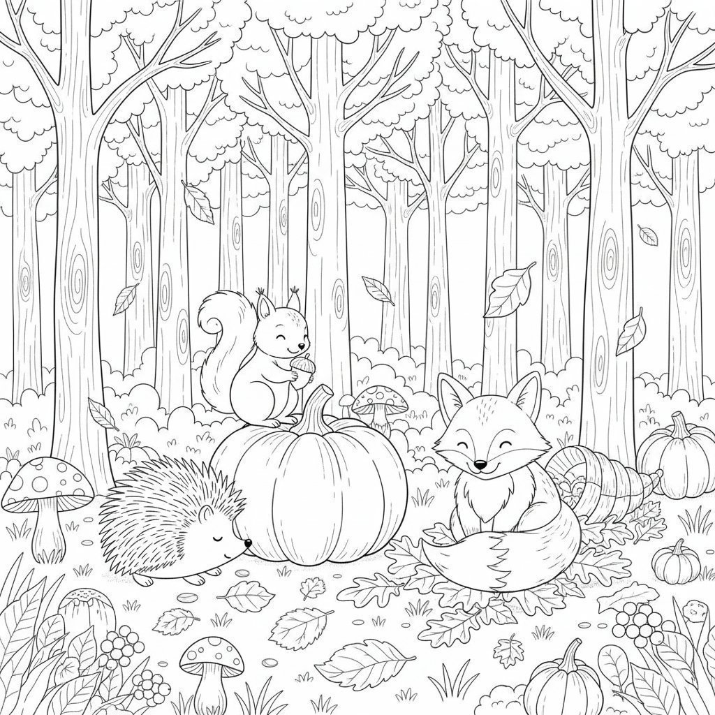 Charming Autumn Forest Animals Coloring Page