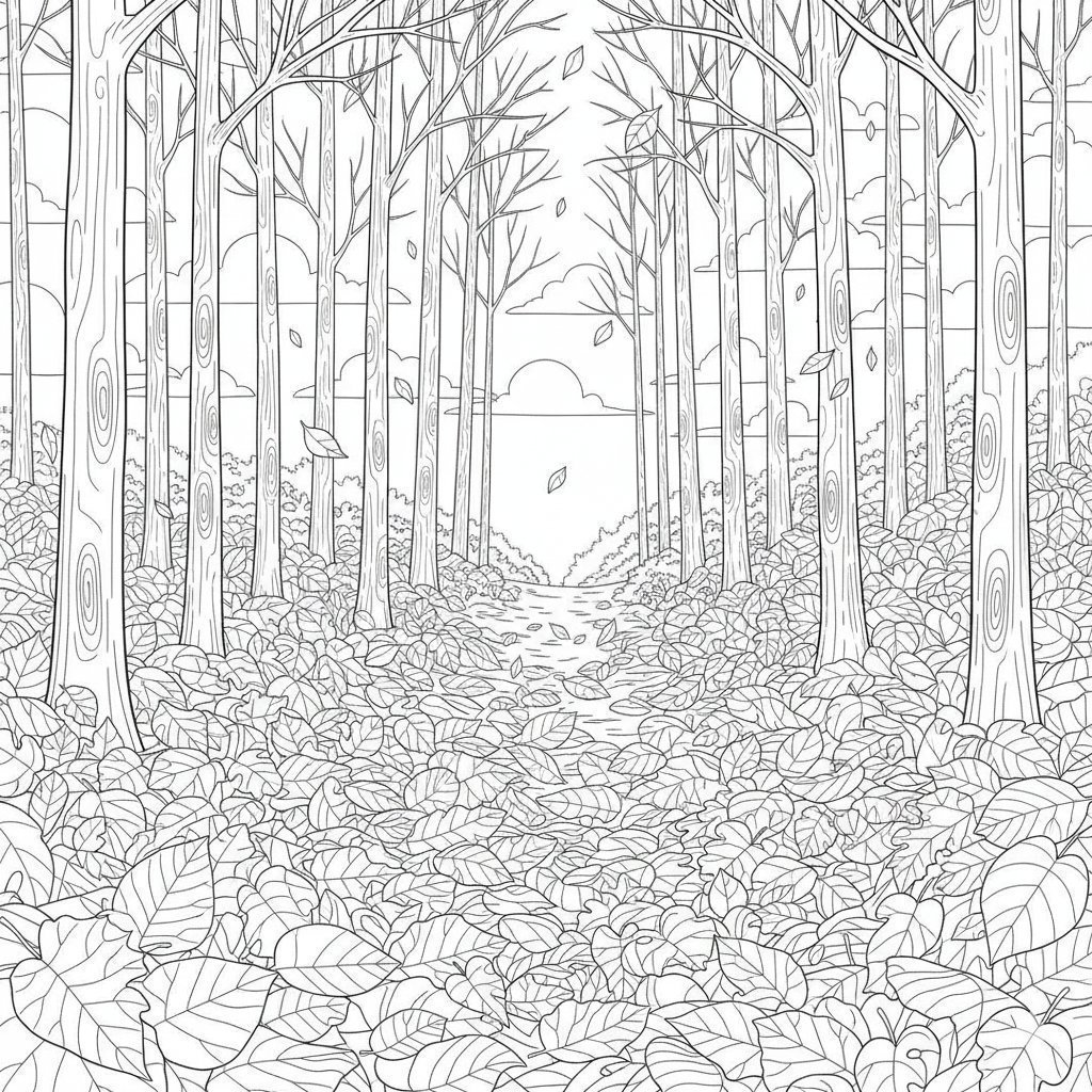 Beautiful Autumn Leaves and Forest Path Coloring Page