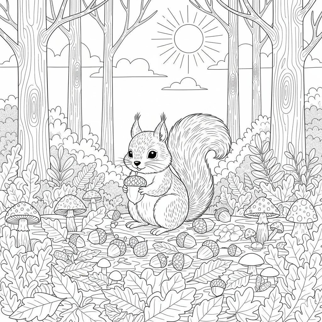 Cute Autumn Squirrel Collecting Nuts Coloring Page