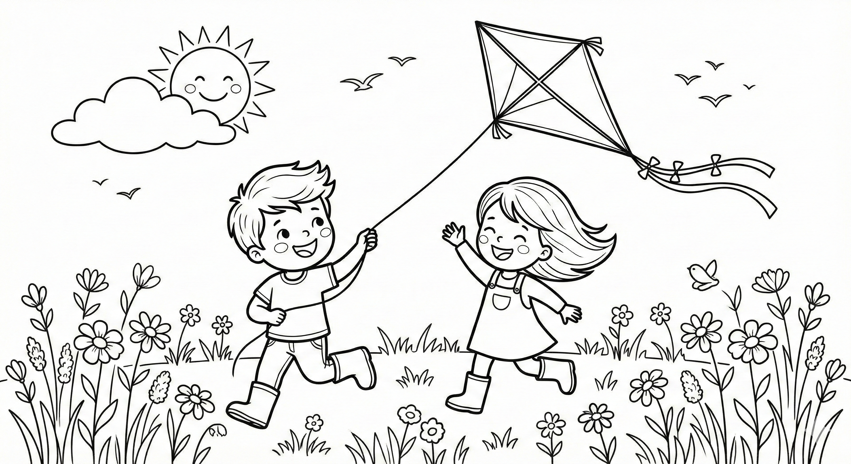 Kids Flying A Kite In Spring Coloring Page