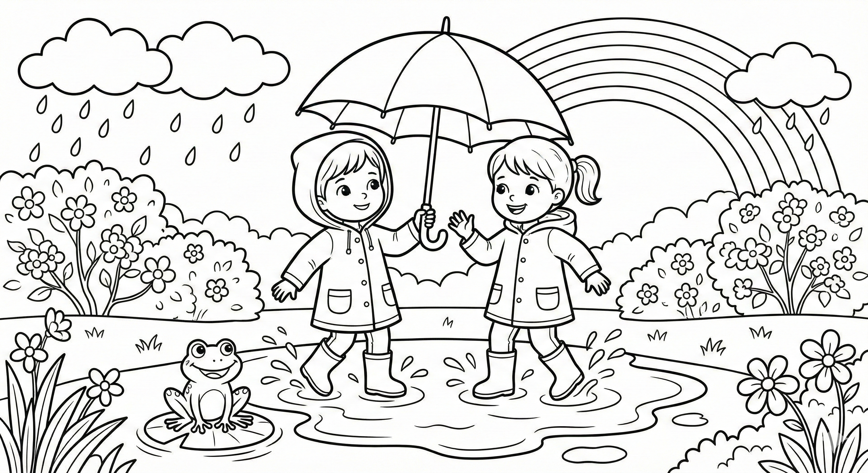 Kids Splashing in Spring Rain Coloring Page for Children